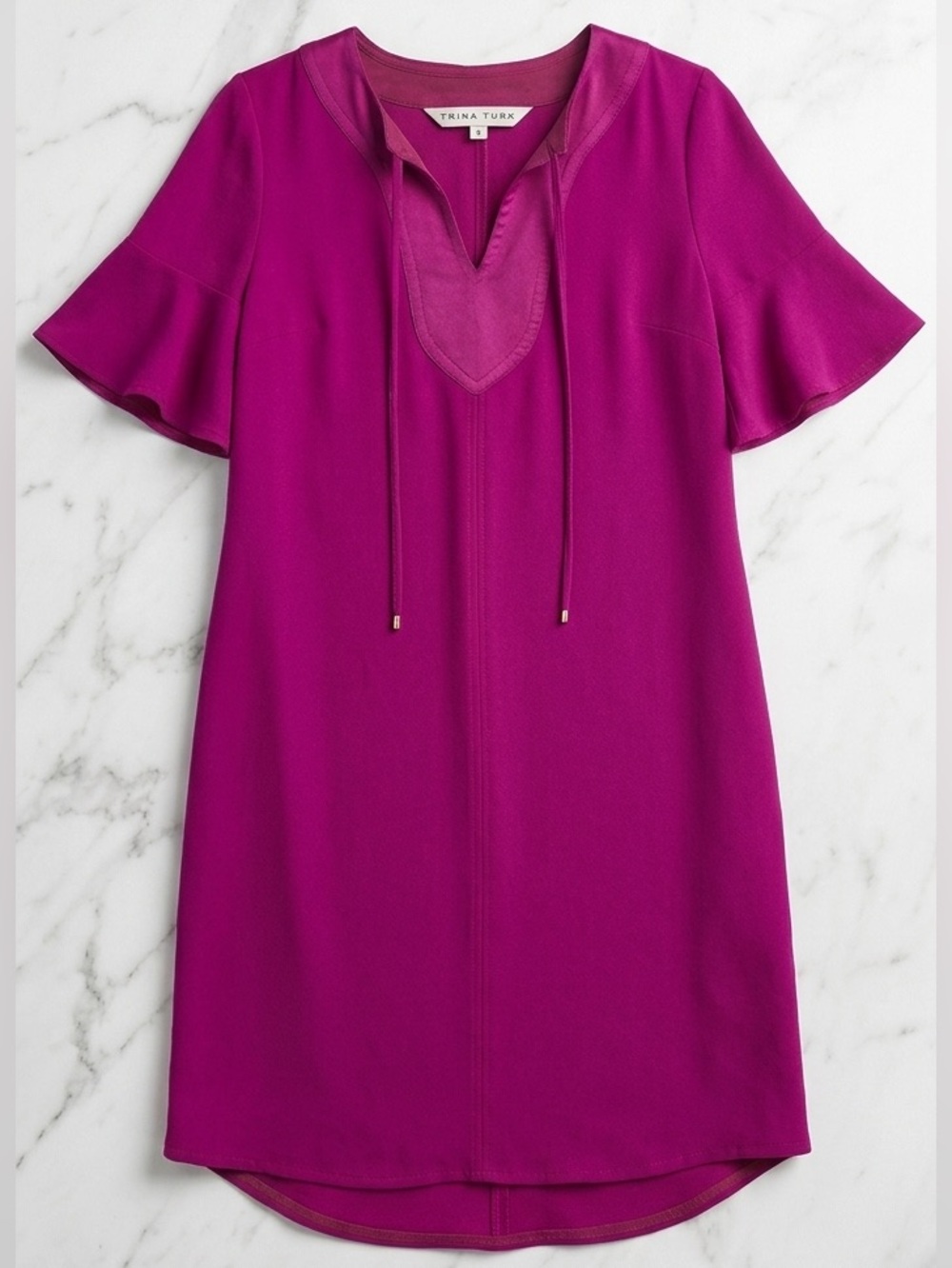 Trina Turk Womens Size 10 Shift dress Fuchsia Pink bell sleeve v neck dress